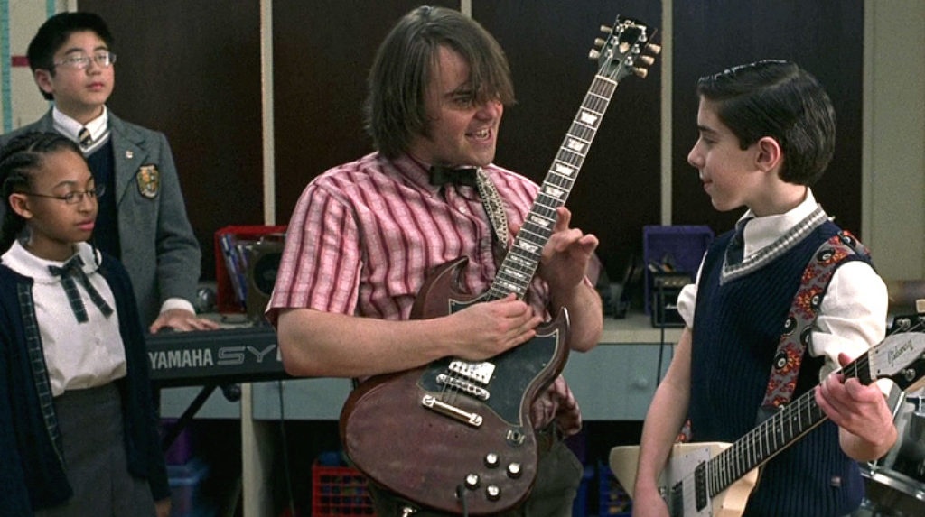 In School of Rock, after being kicked out of his rock band, Dewey Finn (Jack  Black) becomes a substitute teacher of an uptight elementary private  school