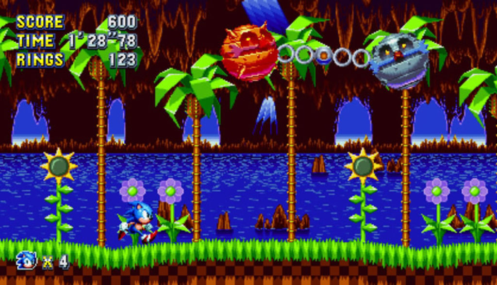 Classic green hill zone level and the icon loop sonic runs across/through.