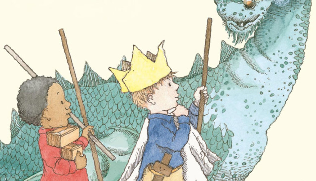 illustration of make-believe boy king and dragon