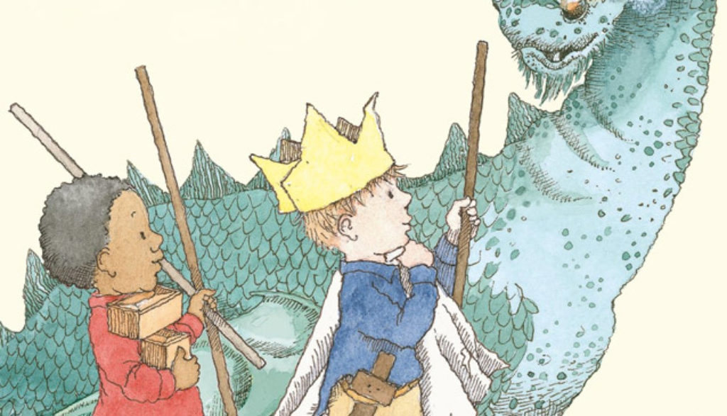 illustration of make-believe boy king and dragon