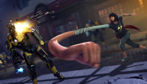 A superhero's elastic arm pummels a bad guy.