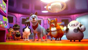Animated dogs and robots stand around.