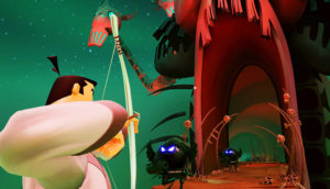 An animated samurai fights on a bridge.