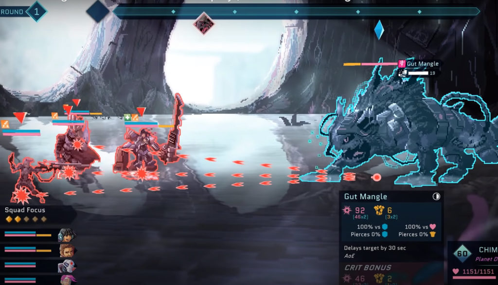 Screenshot of combat between characters and a monster in the game Star Renegades.