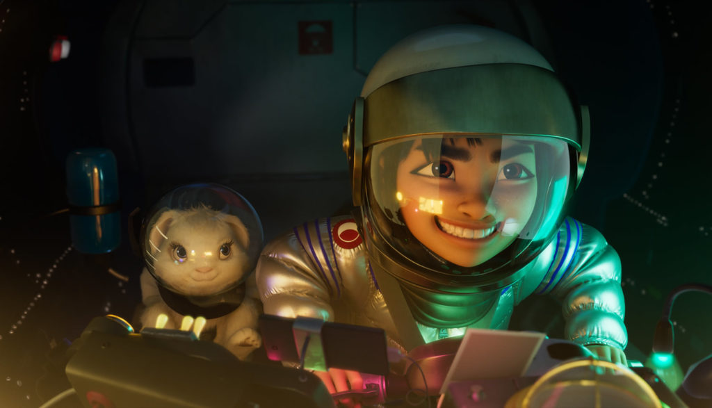 A young girl and her pet pilot a spaceship to the moon.