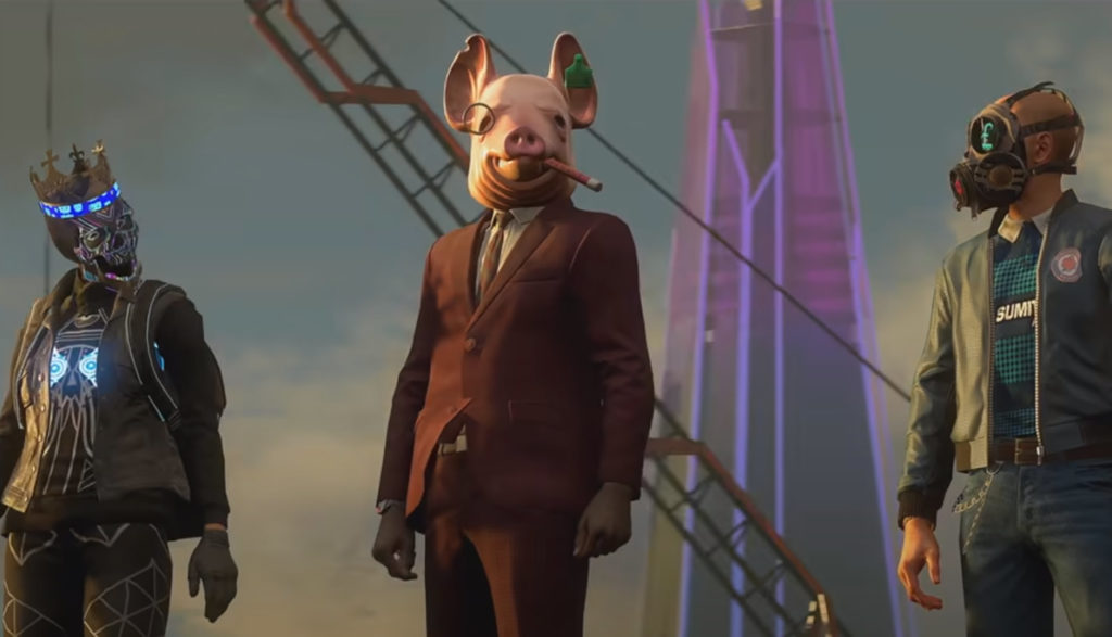 This Watch Dogs: Legion still features characters in masks, including a man in a pig mask.