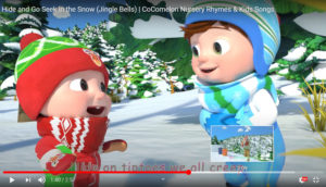Screen capture for the Cocomelon YouTube channel featuring two kids in snowsuits smiling and talking.