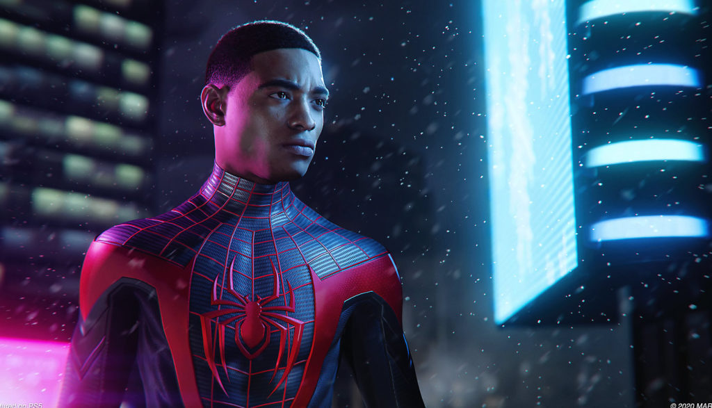 We see Miles Morales in his Spider-Man suit with his mask off.