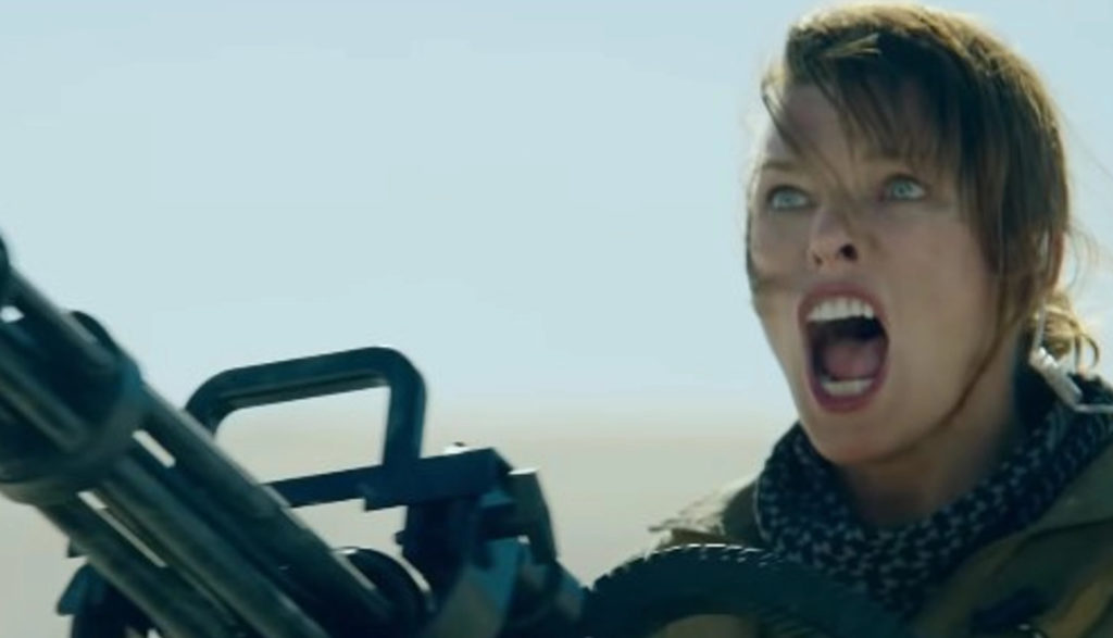 A woman screams as she fires a huge gun.
