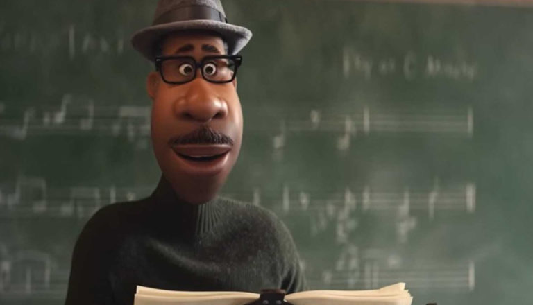 An animated Black music teacher stands before his class in Soul.
