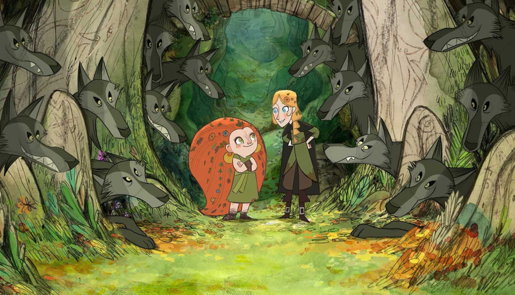 Two girls are surrounded by curious animated wolves in a forest.