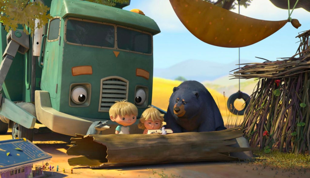 Trash Truck with 2 children and a bear