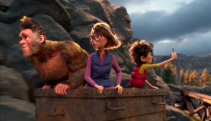 We see three Bigfoot family members leaning over a rail.