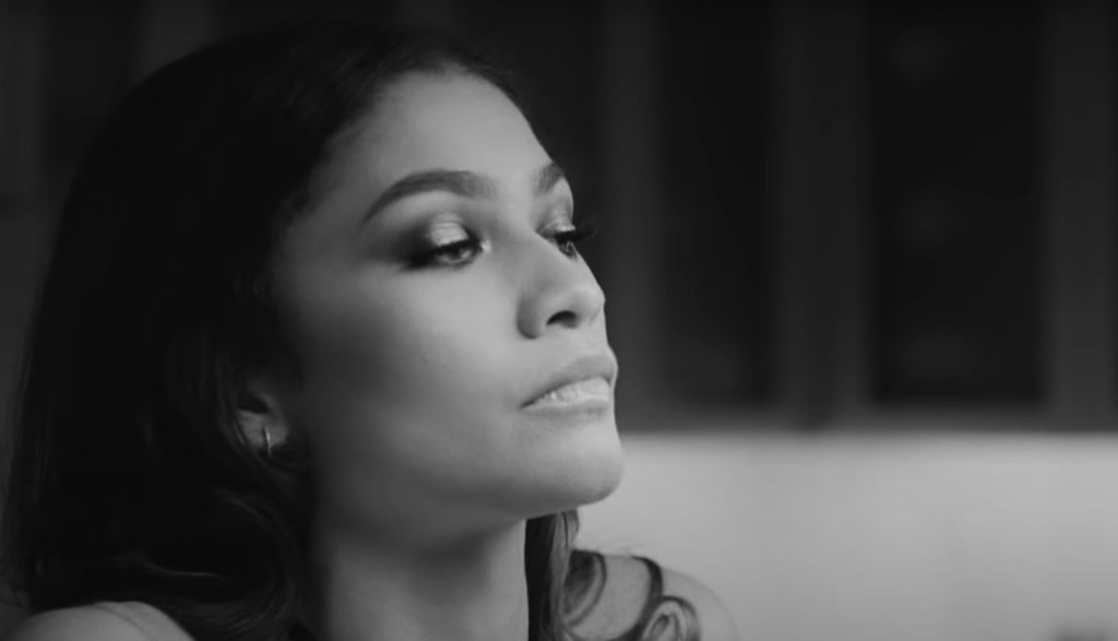 We see actress Zendaya's face in a still from the movie Malcolm & Marie.