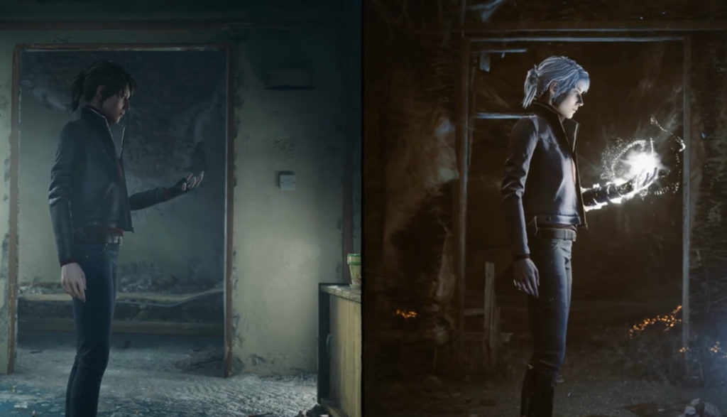Screenshot image from the video game The Medium features a woman in the same pose in two different realities side by side.