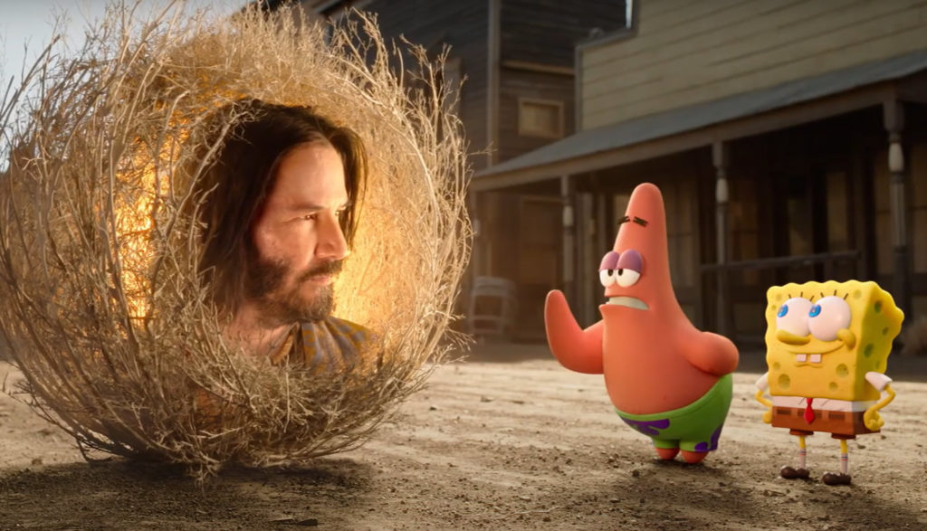 SpongeBob and Patrick talk to Keannu Reeves as a sentient sage brush plant.