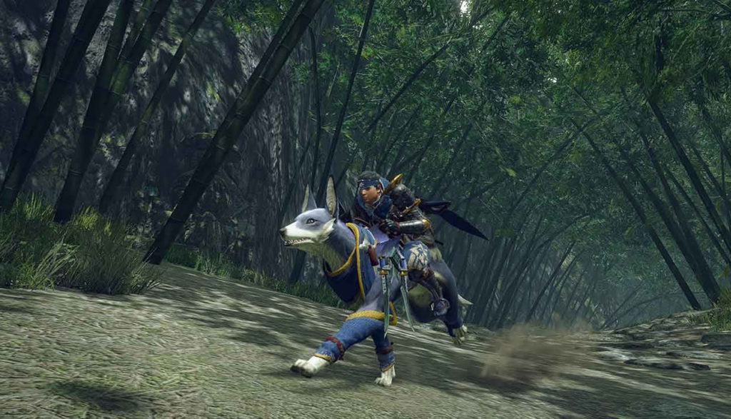 Screenshot of a man riding a giant dog in the game Monster Hunter Rise