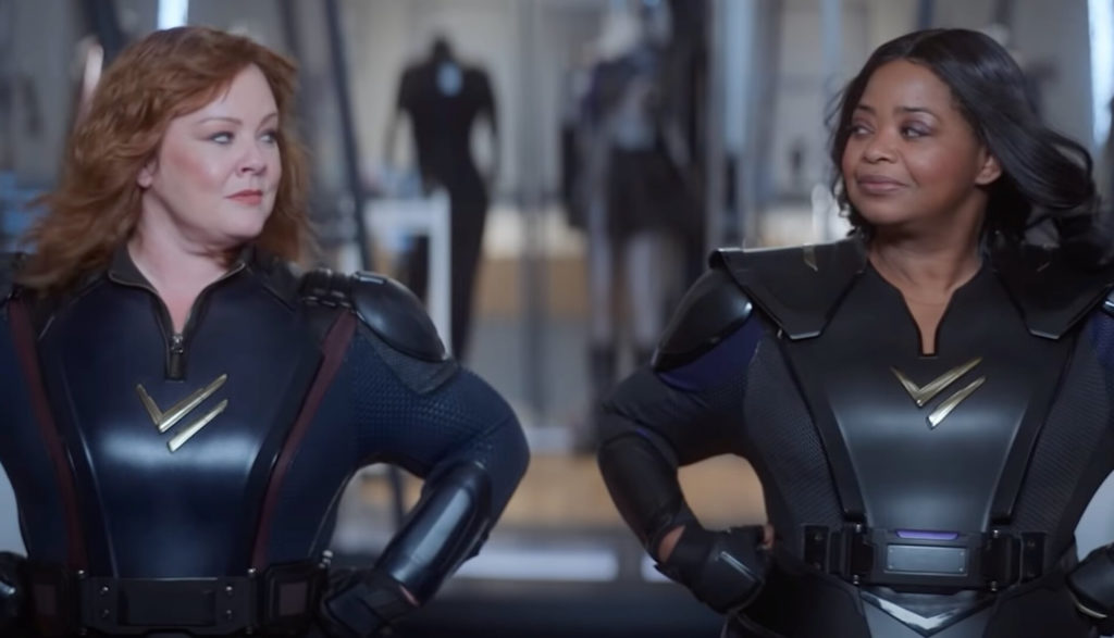 Melissa McCarthy and Octavia Spencer play two female superheroes clad in black leather, giving each other a knowing look in this photo from the movie "Thunder Force."