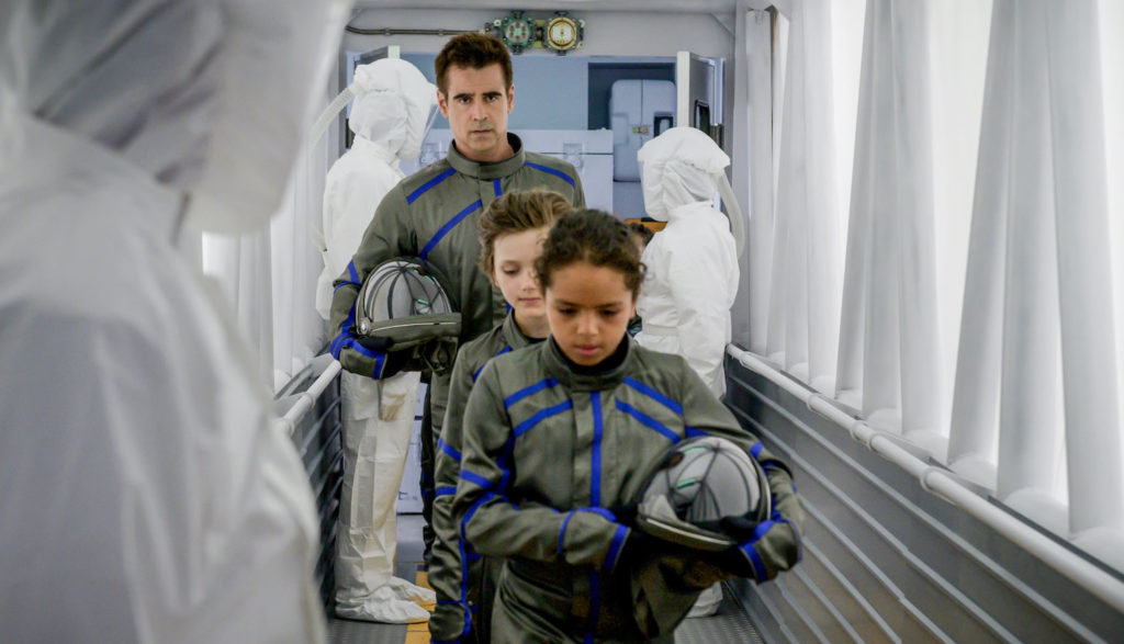 An adult and child astronauts board a spacecraft.