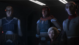 We see three members of the Bad Batch, plus the girl Omega, looking at something.