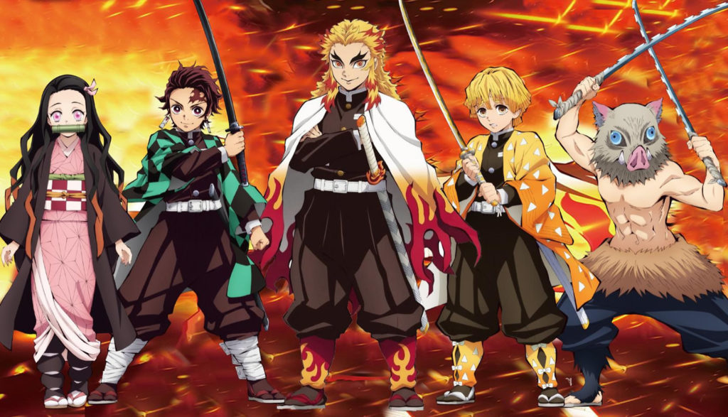 Picture of the main good guys from the anime movie Demon Slayer the Movie: Mugen Train.