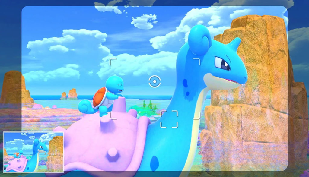 Screen shot of the video game "New Pokemon Snap," which features a squirtle riding on a lapras.