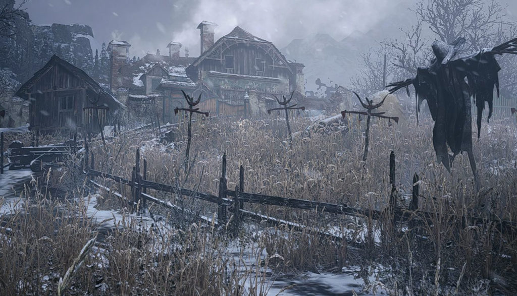Screen shot of a creepy village in the video game Resident Evil Village.