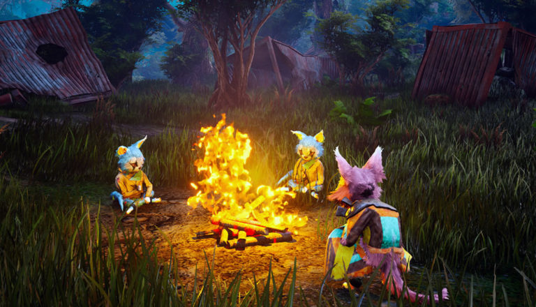 Screen shot of mutant human-animal hybrids from the futuristic video game "Biomutant."