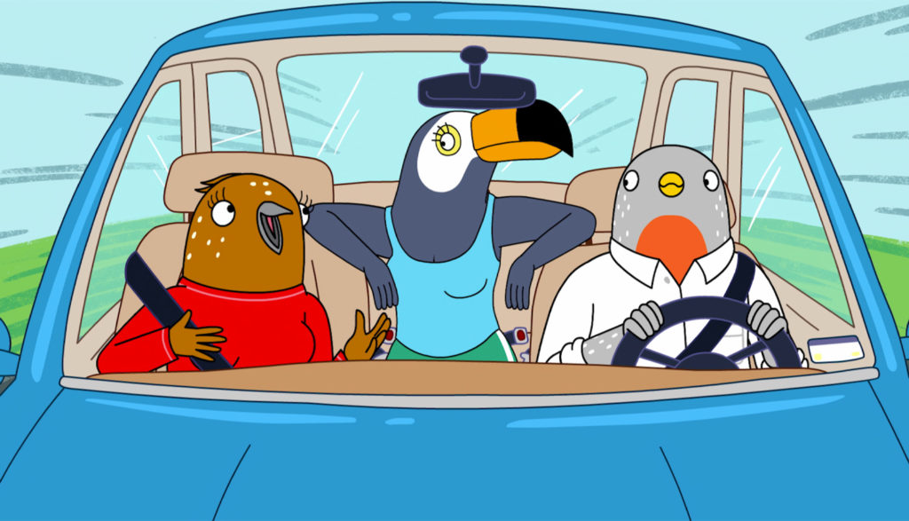 three birds driving a car