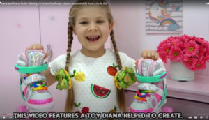 A young Ukrainian YouTuber holds up a pair of roller skates, smiling.