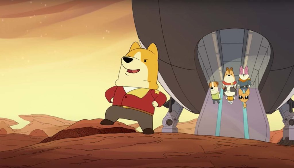 dogs exiting a spaceship in Dogs in Space series