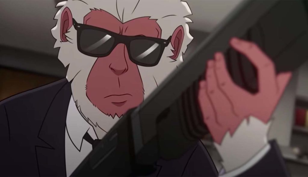 a snow monkey wearing sunglasses loads a gun in Marvel's Hit Monkey tv series