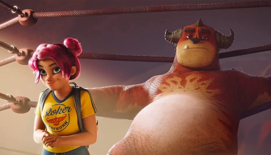 a girl standing in front of a wrestling monster in Rumble movie