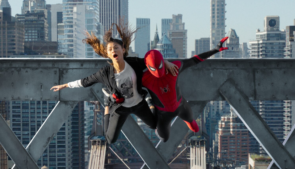 Spiderman and MJ fly through the air in Spider-Man No Way Home