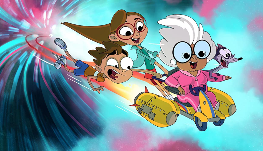two kids, an old woman and a dog jet through space in Tuttle Twins