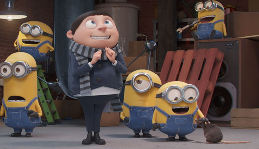 Gru and some minions smiling.