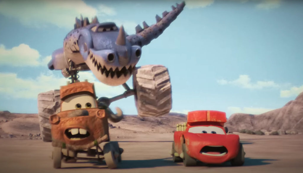 Lightning McQueen and Tow Mater get chased by a dino-car.