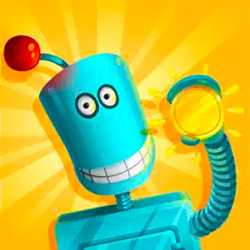 blue robot on a yellow background holding a golden coin - Chores & Allowance Bot App