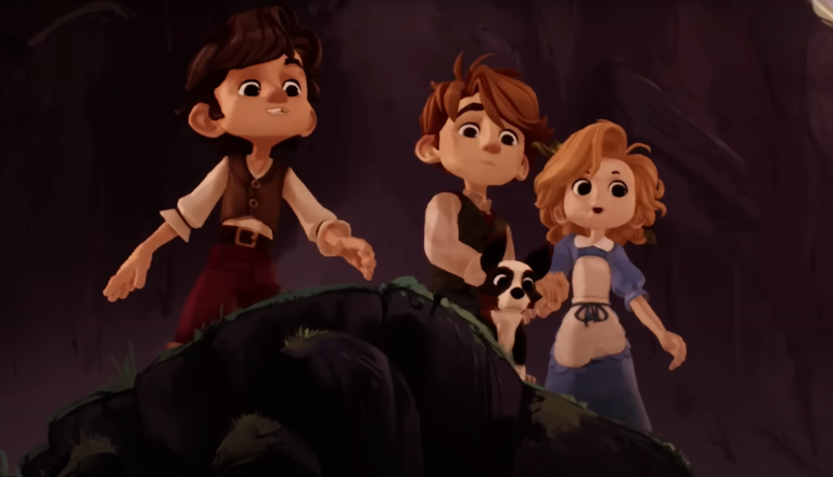 Three children and a dog look over a cliff anxiously.