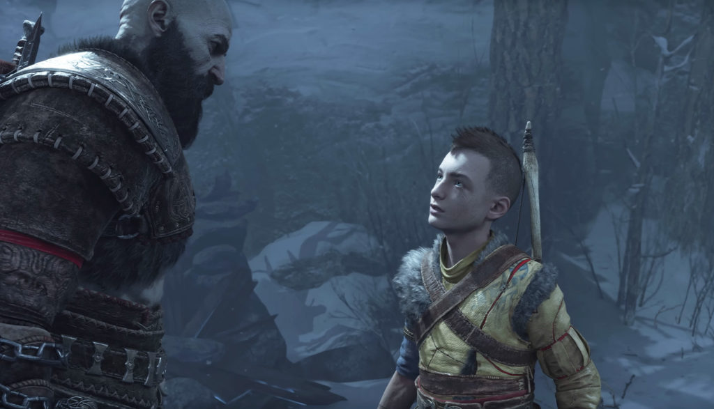 Young boy talking to warrior - God of War Ragnarok