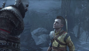 Young boy talking to warrior - God of War Ragnarok