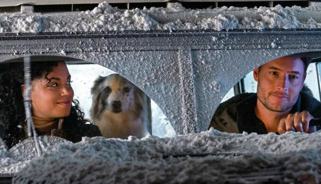 two people and a dog driving a snowy car - The Noel Diary