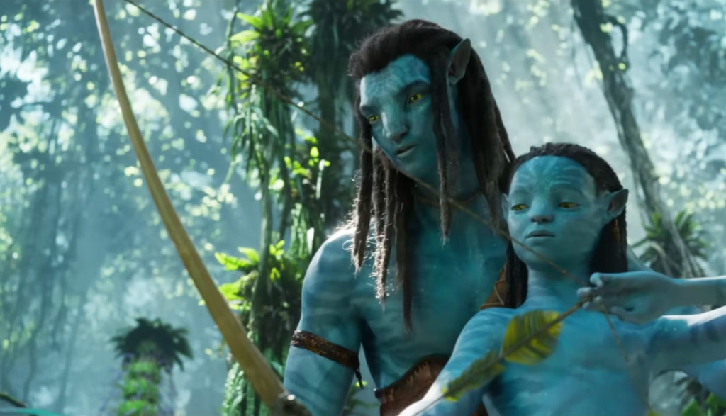 a father teaching his son to shoot a bow and arrow - Avatar: The Way of Water