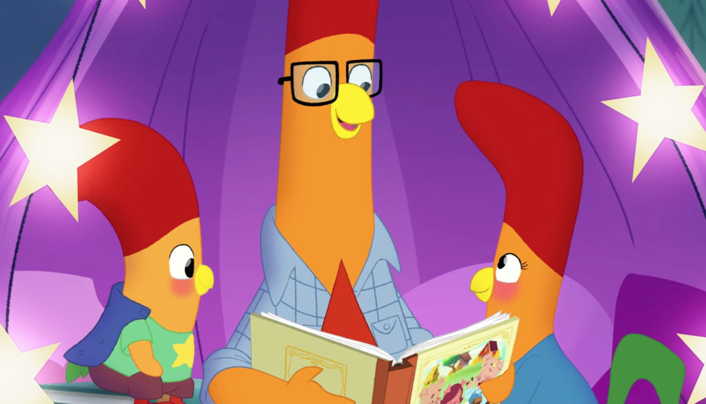 father chicken reads to kid chickens - Interrupting Chicken