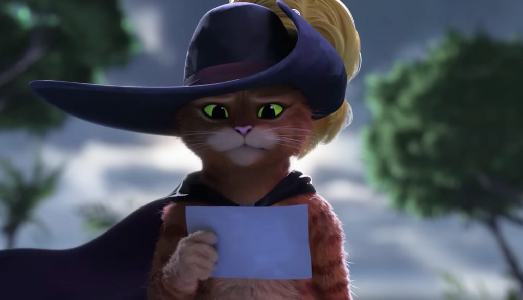 a cat in a hat reading a note - Puss in Boots The Last Wish