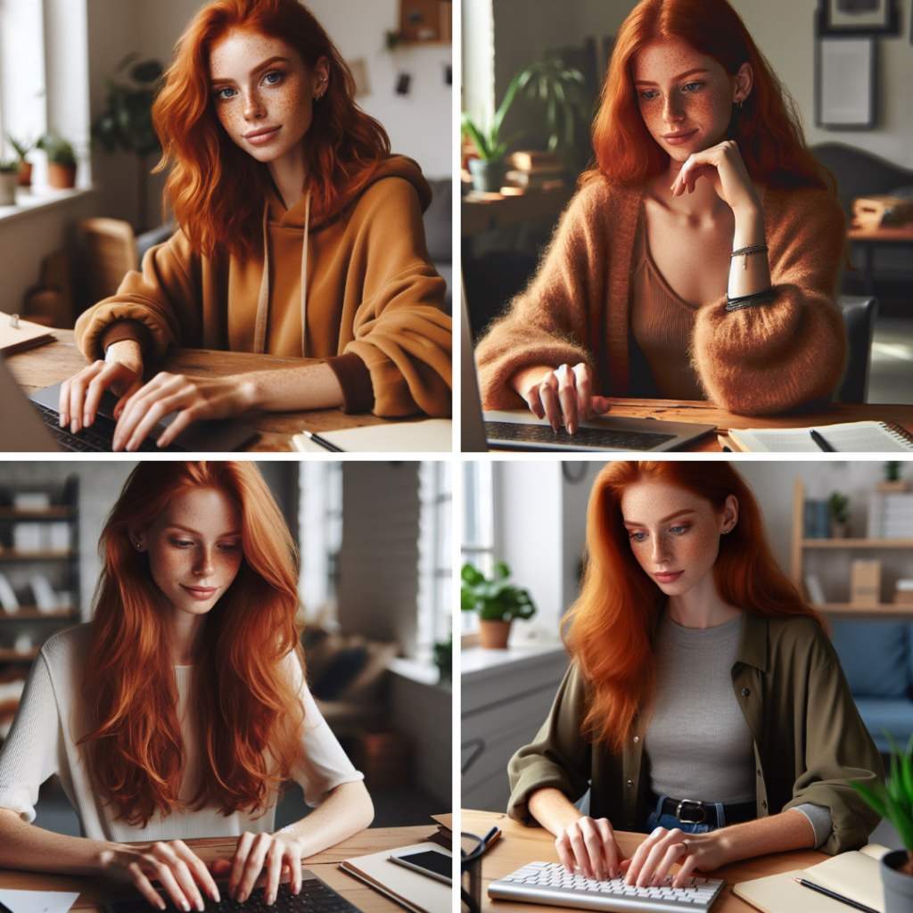 a redhead woman with freckles typing at her desk