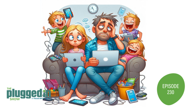 A cartoon image of two parents exhausted by technology