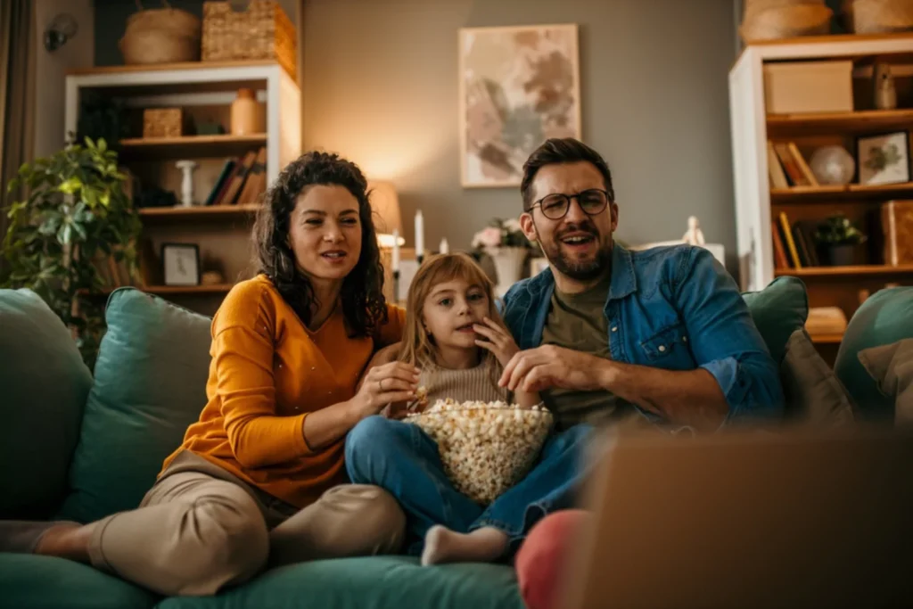 Mom, dad and young daughter sitting on a couch eating popcorn while watching a show